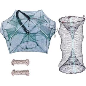 2 Pcs Foldable Fishing Net Accessories for Crab Crayfish Shrimp:Collapsible Crab Trap Hexagon, Crab Crayfish Shrimp Crab Trap and 2 Rops