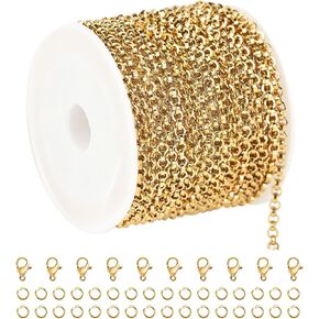 UMAOKANG 16.4 Feet Gold Plated Chain for Jewelry Making Stainless Steel Chains Bulk Flat Rolo Link Chain Men and Women Necklace Bracelet DIY Jewelry Findings