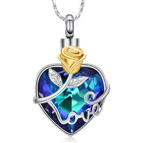 Rose Flower Cremation Urn Necklace for Ashes Cremation Jewelry with Heart Crystal Urn Pendant Keepsake Memorial Jewelry for Women Girls