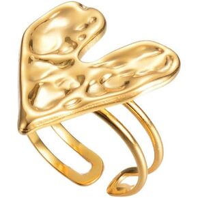 Hammered Heart Statement Ring Stainless Steel 14k Gold Plated Big Love Hearted Expandable Open Finger Bands Adjustable Chic Wedding Promise Eternity Chunky Rings Fashion Valentine's Day Jewelry Gifts for Women Girls Bride