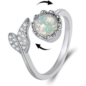 Opal Flower Mermaid Tail Spinner Fidget Wrap Open Rings for Women Girls Anxiety Rotate Freely Inspirations Stress Relief Cubic Zirconia Diamond Statement Adjustable Stacking Middle Finger Ring Fashion Sweet Jewelry Daughter Girlfriend Bff Birthday Valenti