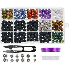 Stone Beads Box Set Kits 250pcs 8mm Round Loose Gemstone Natural Amethyst Rose Quartz Red Agate Larvikite Labradorite Assorted Color with Accessories Tools for Bracelet(100% Natural Stone Beads Kit 2)