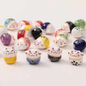 30pcs Ceramic Beads Lucky Cat Beads Maneki Neko Porcelain Spacer Beads for DIY Jewelry Making(redyellowblack)
