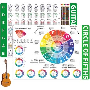 lasuroa 2pcs Magnetic Guitar Chord Chart, 11.69x8.27in A4 Colorful Coding Laminated Guitar Chord & Fretboard Note with Circle of Fifths Poster Waterproof Guitar Scales Notes for Beginners