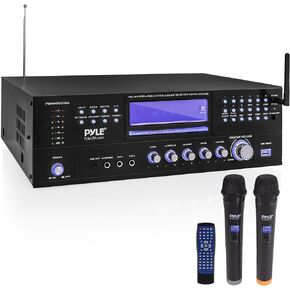 Pyle 4-Channel Wireless Microphone Amplifier System - Home Audio Stereo Receiver with CD/DVD Player, Dual UHF Mics, MP3/USB Playback, AM/FM Radio, Bluetooth Connectivity, Rack Mountable