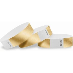 WristCo Metallic Gold Tyvek Wristbands for Events - 100 Count - Comfortable Tear Resistant Paper Bracelets ID Wrist Bands for Concerts Festivals Admission Party Identification