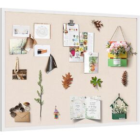 Cork Board with Linen 36x24 inch Bulletin Board Office Decor Hanging Pin Wood Framed Display Picture Vision Board Light for Wall School Office Bedroom (White, 36“×24“)
