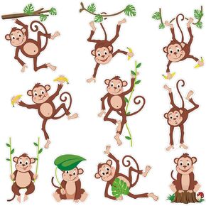 Whaline 39Pcs Monkey Cutouts Bulletin Board Decorations with Glue Points Cute Safari Animal Name Tags Jungle Animal Cutouts Party Decor for School Classroom Birthday Baby Shower Party Supplies