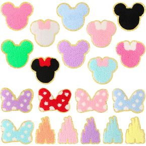 20 Pcs Cute Chenille Patches Iron on Mouse Head Patch Bow Castle Patches Colorful Chenille Embroidered Applique Patch Sew on Gold Trimmed Mouse Decorative Patch for DIY Clothing Decors