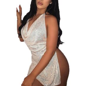 Women Glitter Sequin Bodycon Dress Sexy Deep V Neck Backless High Split Mini Dress Halter Neck Cocktail Night Clubwear