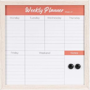 Weekly Calendar Planner Board for Wall, Peach Pink Magnetic Dry Erase Whiteboard with Rustic Wooden Frame, Hanging Portable Board for Home Decor, Kitchen, Plan, List, Daily Schedule, 13" x 13"