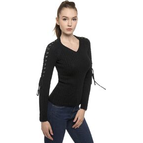 AmélieBoutik Women Cotton V Neck Raglan Lace Up Shoulder Sweater