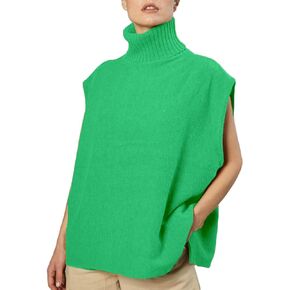 Sdencin Women Turtleneck Oversized Knitted Sweater Vest Sleeveless Split Hem Solid Loose Fit Pullover Tank Top Knitwear