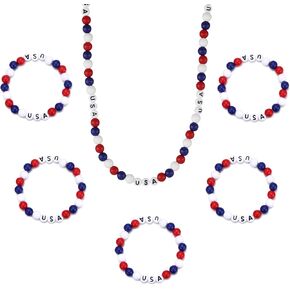 4th of July Party Jewelry Set for Women 5PCS Independence Day Stretch Bracelets Set and 1PC USA Red White Blue Beads Necklaces Patriotic Bracelets Necklace Set in Kuwait