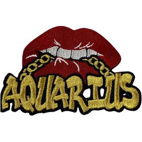 Poppin' Red Lip "Gemini" with Gold Metallic Chain, Size 4", Iron-On Embroidered Patch, Astrology Zodiac Patch, DIY