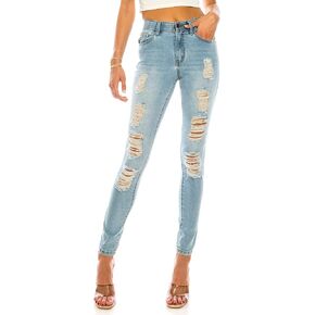 بنطال جينز نسائي ضيق كاجوال بحزام خصر مطاطي وقصة ضيقة من قماش الدنيم المغسول in Kuwait