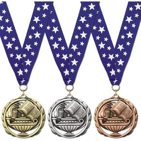 Hodges Badge Company Award Medals - Student Award Medals - Gold Silver Bronze with Blue & White Star Neck Ribbon - Made in USA