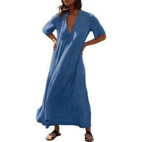 Gacaky Summer Dress for Women Casual Short Sleeve Deep V Neck Sundress Flowy Loose Beach Long Dress