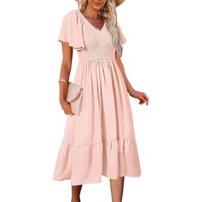 Chvity Women's Summer Casual V Neck Maxi Dress Ruffle Sleeve Smocked High Waist Midi Dress Empire Waist Short Sleeve Dress