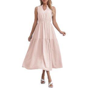 Women's Summer Casual Sleeveless Dress V Neck A Line Beach Flowy Maxi Sun Dresses with Pocket