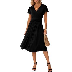 GRECERELLE Spring Summer Dress for Women Casual Ruffle Short Sleeve Wrap V-Neck Dress with Pockets