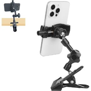Clip Clamp Phone Holder for Desk/Table/Shelf/Chair/Podium/Car Sun Visor/Airplane,Compatible with 3.5~7.5" iPhone/Smartphones, 360°Rotation Flexible Adjustable Mount
