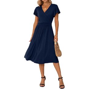GRECERELLE Spring Summer Dress for Women Casual Ruffle Short Sleeve Wrap V-Neck Dress with Pockets