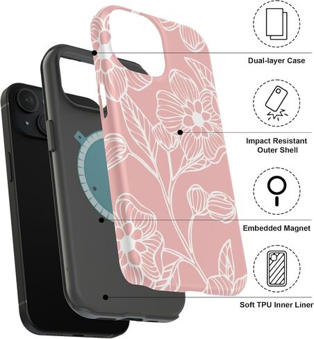 for iPhone 15 case Made from Hard PC+Soft TPU MagSafe case Good Phone case for Girls or Womens Phone case Floral Phone case with Pink and White Design for iPhone case (6.1 inch Display 2023) in Saudi Arabia