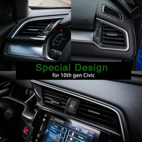 Thenice لـ 10th Gen Civic ABS ألياف الكربون الحبوب مركز لوحات المفاتيح تنفيس الهواء الزخارف منفذ الرياح ملصقات الديكور لهوندا سيفيك سيدان هاتشباك كوبيه نوع R 2016 2017 2018 2019 2020 2021 in Kuwait