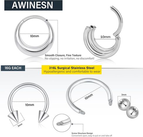 Titanium Septum Rings 16G 8mm 10mm Nose Rings for Women Surgical Stainless Steel Segment Nose Rings Horseshoe Hoop Cartilage Clicker Helix Rook Earrings Daith Eyebrow Tragus Lip Piercing Rings in Saudi Arabia