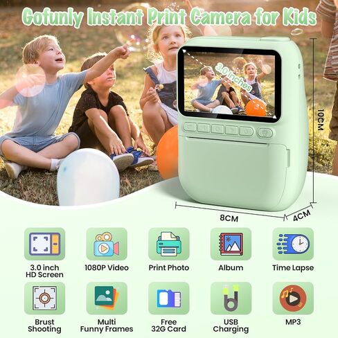 Kids Camera Instant Print, 3.0" HD 1080P Digital Video Cameras with 3 Rolls of Printer Paper for Toddler, Birthday Gifts Toy for 3 4 5 6 7 8 9 10 Year Old Girls Boys with 32GB SD Card-Green in Kuwait