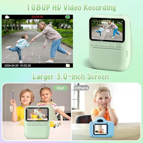 Kids Camera Instant Print, 3.0" HD 1080P Digital Video Cameras with 3 Rolls of Printer Paper for Toddler, Birthday Gifts Toy for 3 4 5 6 7 8 9 10 Year Old Girls Boys with 32GB SD Card-Green in Kuwait