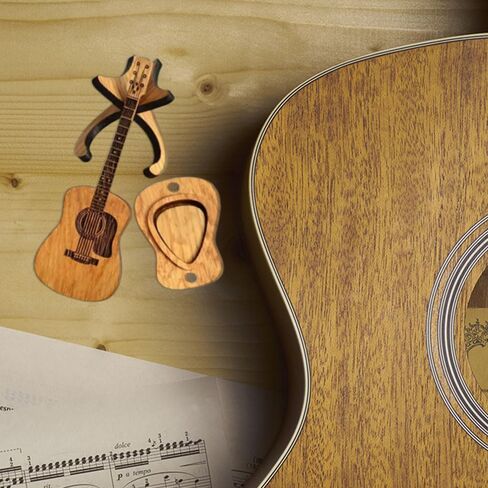 صندوق اختيارات جيتار خشبي مع حامل، حامل اختيار جيتار صغير على شكل غيتار مع 3 قطع من اختيارات الجيتار، حامل اختيار جيتار منقوش، حافظة اختيار جيتار لمحبي عازفي الجيتار in Kuwait
