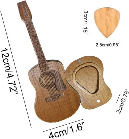 صندوق اختيارات جيتار خشبي مع حامل، حامل اختيار جيتار صغير على شكل غيتار مع 3 قطع من اختيارات الجيتار، حامل اختيار جيتار منقوش، حافظة اختيار جيتار لمحبي عازفي الجيتار in Kuwait