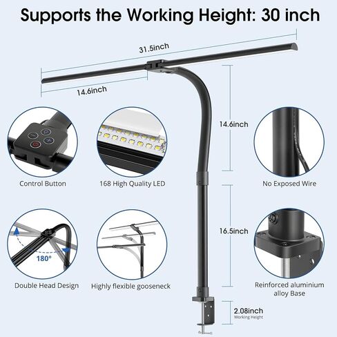 LED Desk Lamp, 24W Double Head Desk Lamp with Clamp, Modern Eye Caring Architect lamp with 5 Color Modes and 5 Dimmable, for Workbench, Monitor, Reading, Home Office in Saudi Arabia