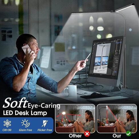 LED Desk Lamp, 24W Double Head Desk Lamp with Clamp, Modern Eye Caring Architect lamp with 5 Color Modes and 5 Dimmable, for Workbench, Monitor, Reading, Home Office in Saudi Arabia