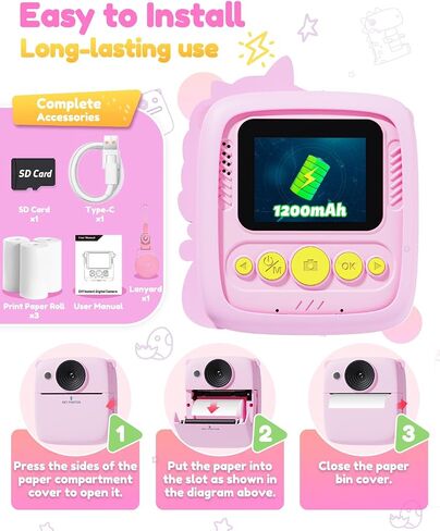 Kids Camera Instant Print, 1080P HD Digital Video Cameras for Kids with Print Paper & SD Card, Christmas Birthday Gifts for Girls Boys, Portable Dinosaur Toys for 3-10 Year Old Girls Boys- Blue in Saudi Arabia