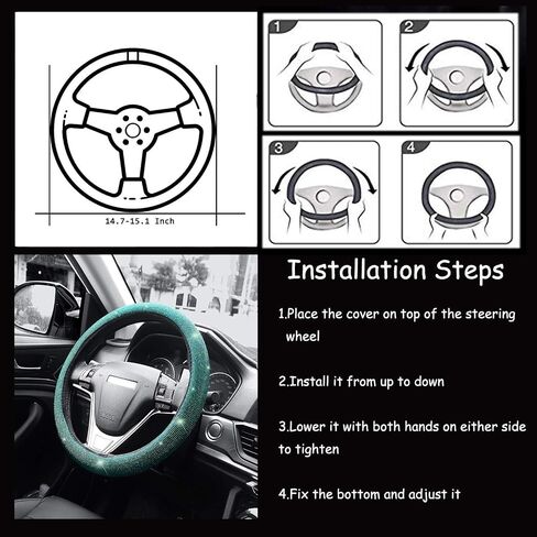 Car Diamond Velvet Steering Wheel Cover with Bling Crystal Rhinestones, Universal Stretchy Steering Wheel Cover for Women, Sparkling Car Accessories Fit 15 Inch in Saudi Arabia