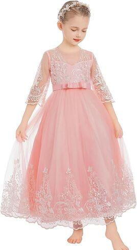 IDOPIP Flower Girl Lace Dress for Kids Wedding Bridesmaid Pageant Party Formal Gown Princess Communion Puffy Tulle Dresses in Saudi Arabia