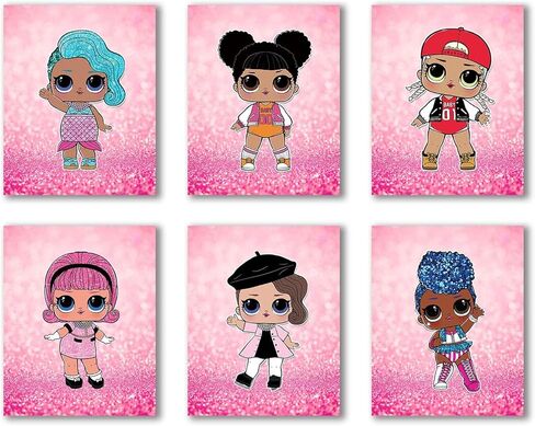 Pink Modern Cartoons LOL Doll Theme Canvas Wall Art Prints,Set of 6 Girl Bedroom Poster,Kids Boys or Girl Birthday Gift,Nursery Baby Room Bathroom Home Decor(8x10 Inch,Unframed) in Kuwait