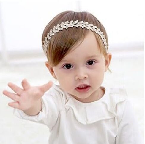 Gold Lace Elastic Headband for Baby Girl Flower Leaf Stretch Toddler Hairband Soft Lace Hair Accessories for Infants Toddlers Kids (Leaf and Rhinestone) in Saudi Arabia
