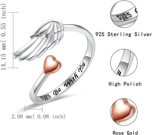 خاتم جناح الملاك من الفضة الإسترليني عيار 925 قابل للتعديل، خاتم قلب من ريش الملاك الحارس، هدية مجوهرات للنساء والفتيات in Kuwait