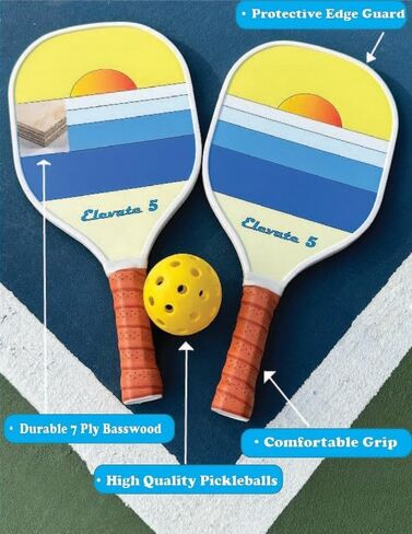 Elevate 5 Pickleball Paddles Set of 4 Includes: 4 Premium Wood Paddles 2 Indoor & 2 Outdoor PIckleballs, Pickleball Bag, Fresh Pickle Ball Paddle Racket Design, Great Pickleball Set for Beginner in Saudi Arabia