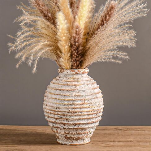 Ceramic Rustic Farmhouse Vase for Home Decor, Pottery Decorative Flower Vase, Terracotta Vintage Round Vase for Living Room, Table, Shelf, Mantel Decoration in Saudi Arabia