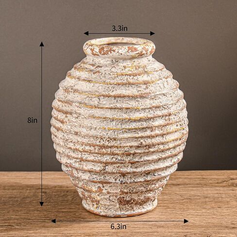 Ceramic Rustic Farmhouse Vase for Home Decor, Pottery Decorative Flower Vase, Terracotta Vintage Round Vase for Living Room, Table, Shelf, Mantel Decoration in Saudi Arabia