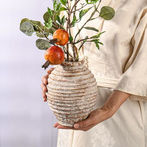 Ceramic Rustic Farmhouse Vase for Home Decor, Pottery Decorative Flower Vase, Terracotta Vintage Round Vase for Living Room, Table, Shelf, Mantel Decoration in Saudi Arabia