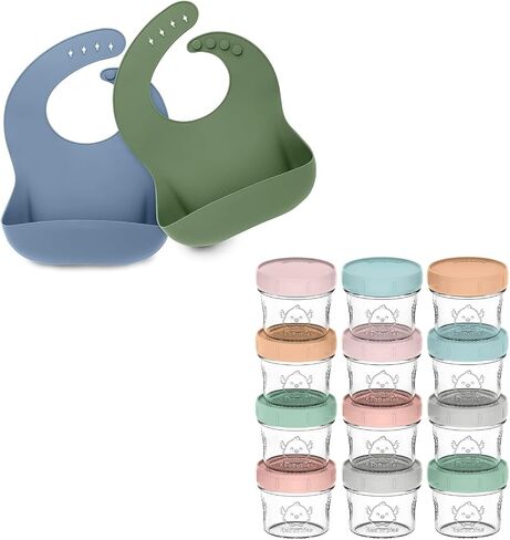 KeaBabies 2-Pack Silicone Bibs For Babies 12-Pack Glass Baby Food Freezer Containers - Silicone Baby Bibs for Eating, 4oz Containers with Lids, Food-Grade Pure Silicone Bib in Saudi Arabia