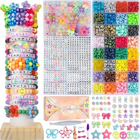 Deinduser Friendship Bracelet Kit, Rainbow Kandi Beads and 1200pcs Letter and Number & Pattern Beads, 32 Colors Pony Beads Bulk for Bracelets Jewelry Making with 4 Colorful Ropes (Princess Mix) in Saudi Arabia