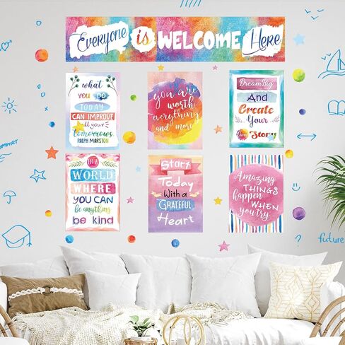 33 Pcs Watercolor Classroom Bulletin Board Decor Set Everyone is Welcome Here Poster Watercolor Positive Poster Inspiring Quote Poster Motivational Work Posters for Classroom Office Bedroom Farmhouse in Saudi Arabia