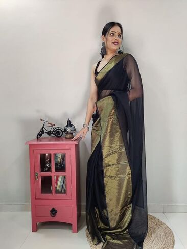 Women's Chiffon Ready To Wear one Minute Saree With Unstitched Blouse Piece in Saudi Arabia